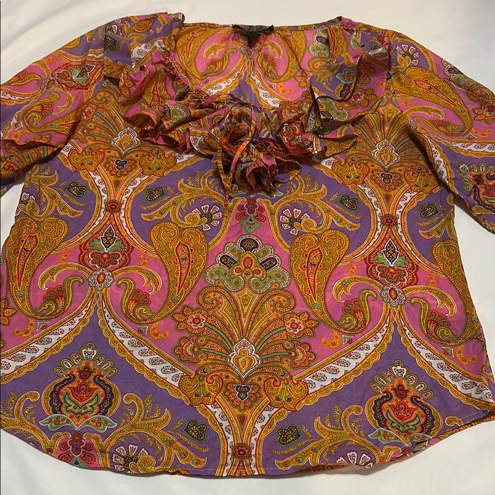 Ralph Lauren Orange Ruffled Bib Collar Blouse Cotton L
